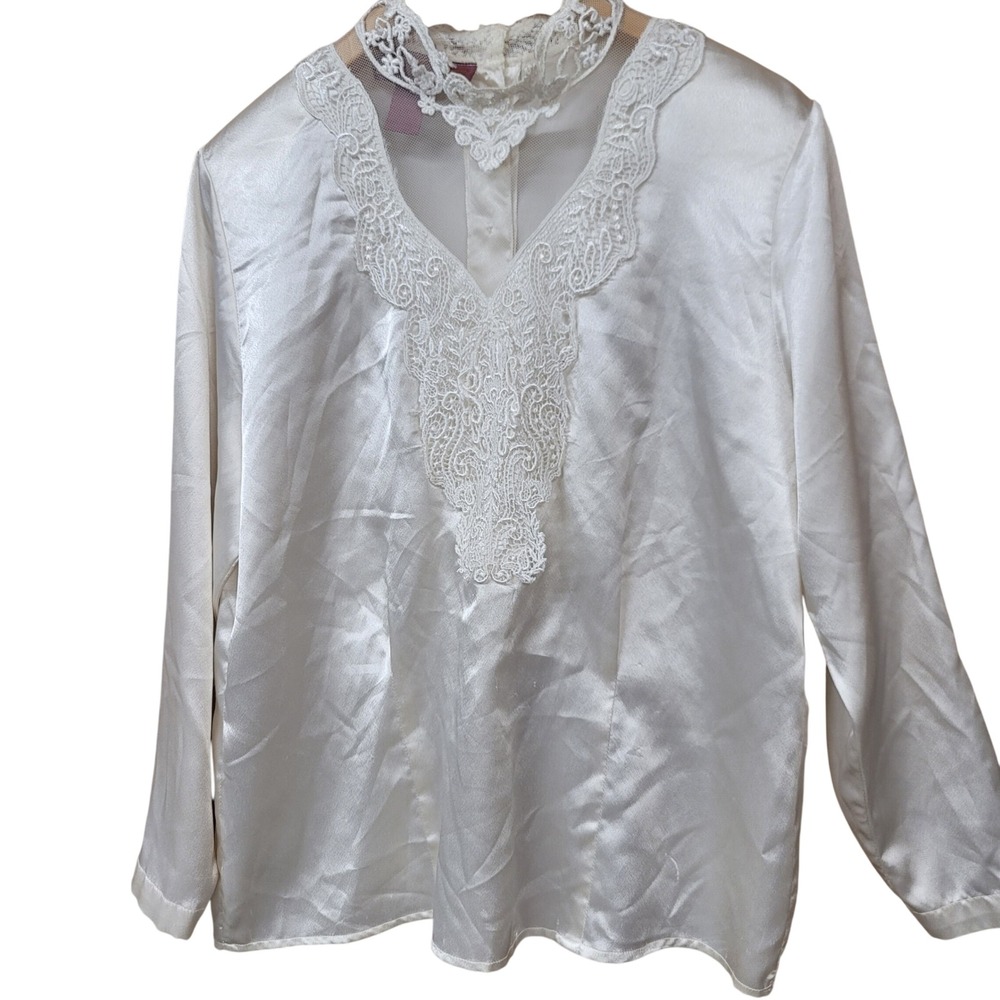 Vintage Coquette Regencycore Ivory Satin Lace High Neck Blouse Back Button Sz 12